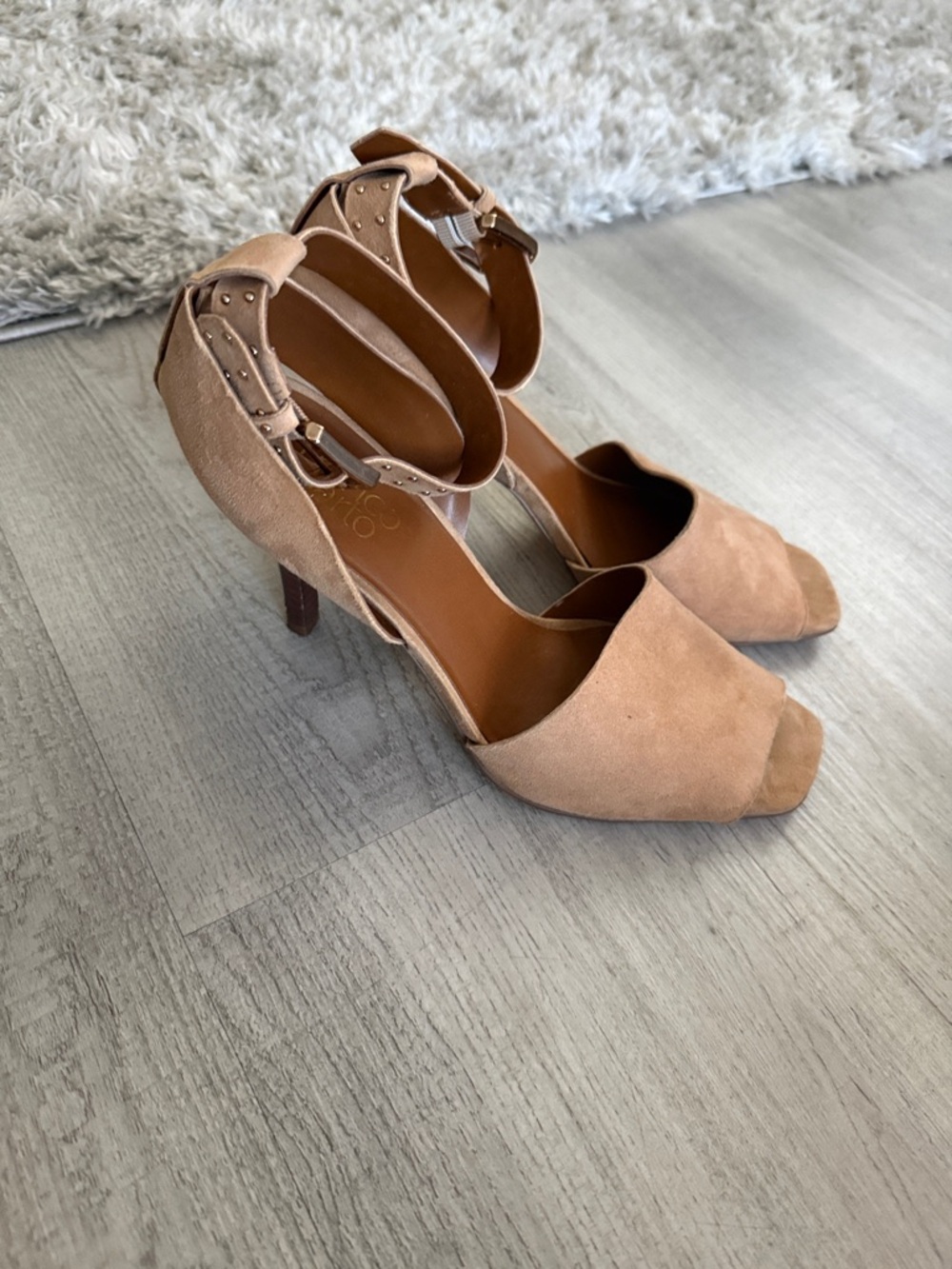 Franco Sarto Tan Suede Peep-Toe Ankle Strap with Brown Heels Size 8.5